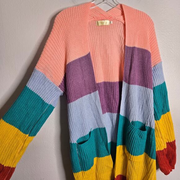 Colorful Rainbow Striped Chunky Knit Duster Cardigan Size M - Picture 3 of 10